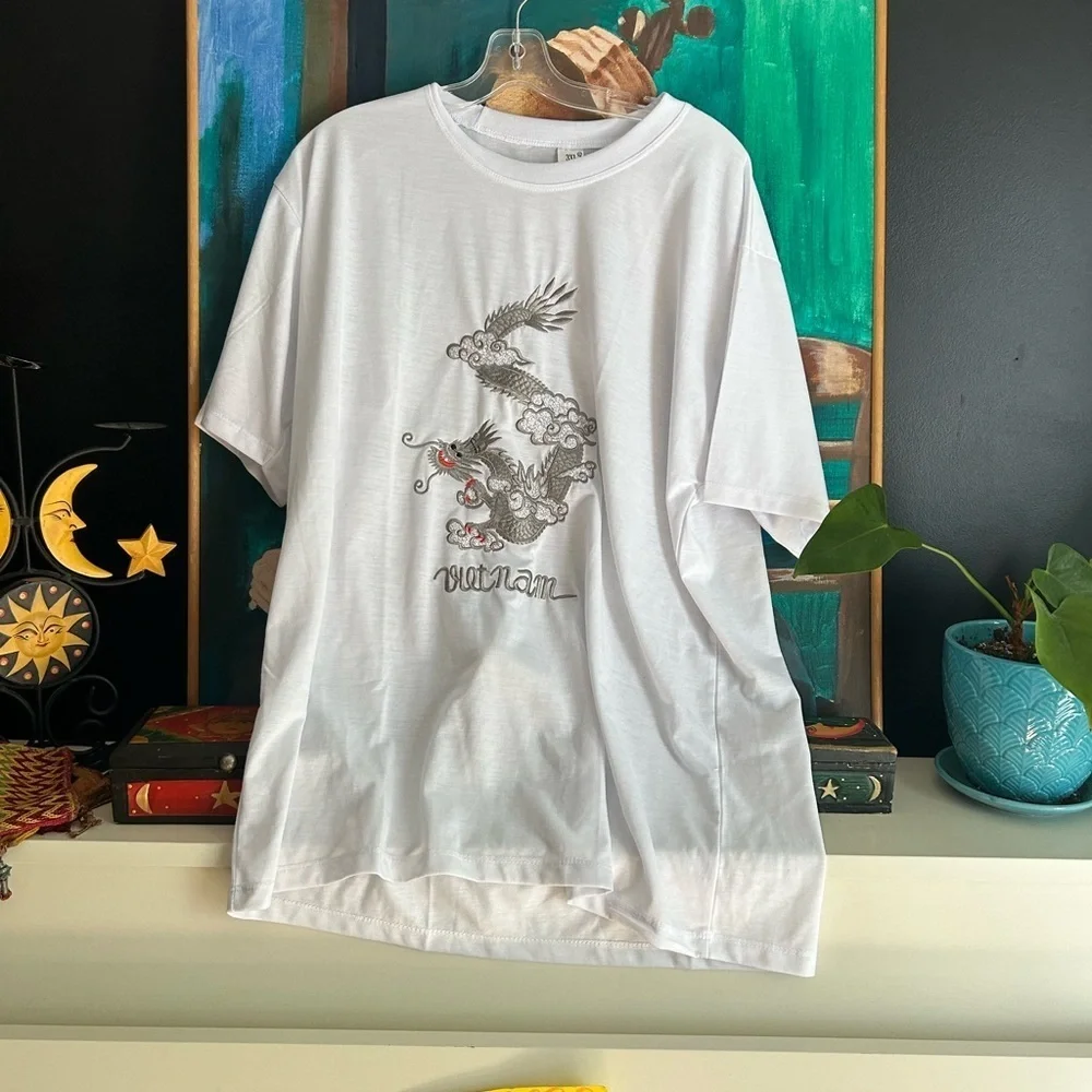 Vietnam Dragon Embroidered T-Shirt White Cotton Graphic Tee Men’s 3XL Travel - Picture 3 of 11